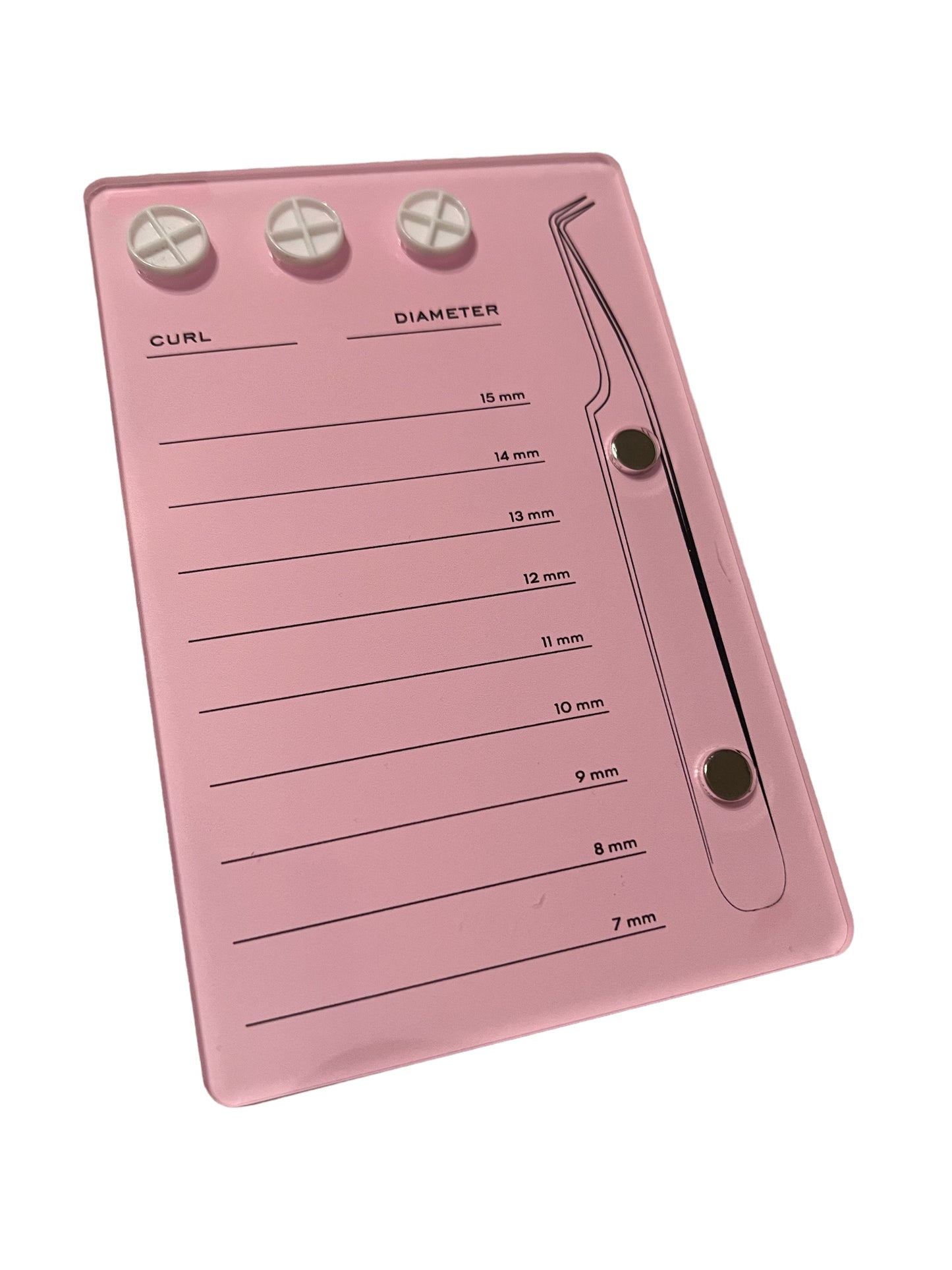 Pink acrylic lash tile with magnetic tweezer holder